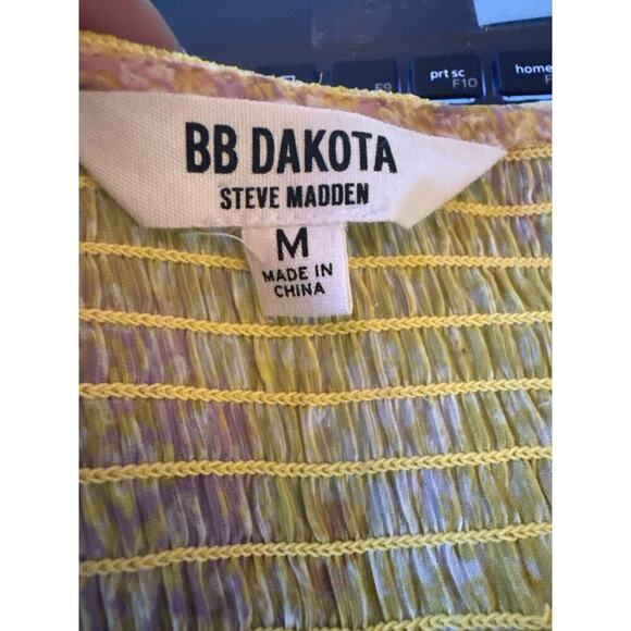 BB Dakota by Steve Madden Smocked Ruffle Sleeve Blouse Yellow Pink Print Top M - Picture 6 of 6